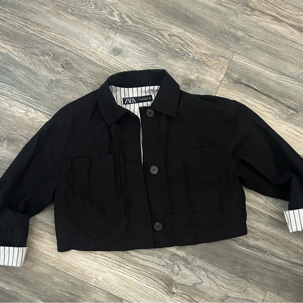 Zara black crop blazer linen blend women’s size XS